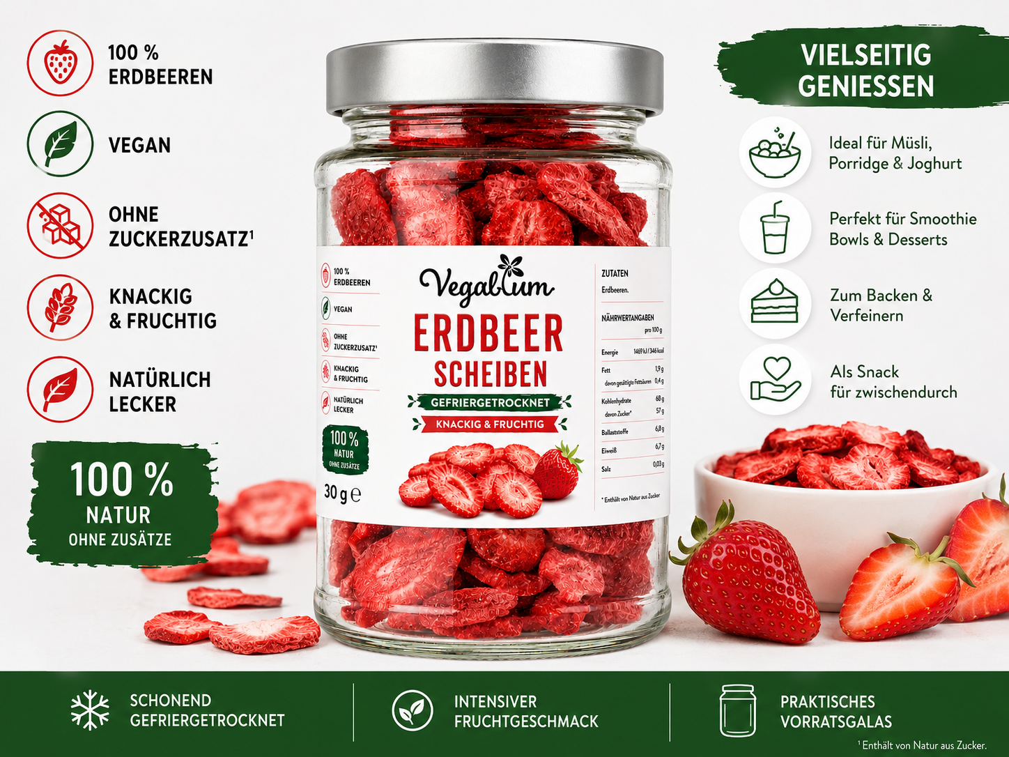 Erdbeerscheiben gefriergetrocknet im Glas, 30 g ohne Zucker, Erdbeer Chips als Snack, vegan und natürlich lecker