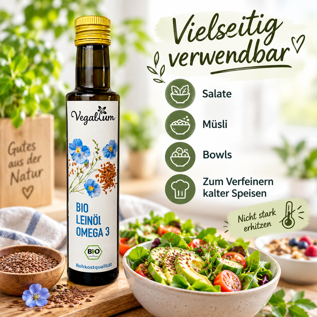 Bio Leinöl, 250 ml, mild nussig und reich an Omega 3