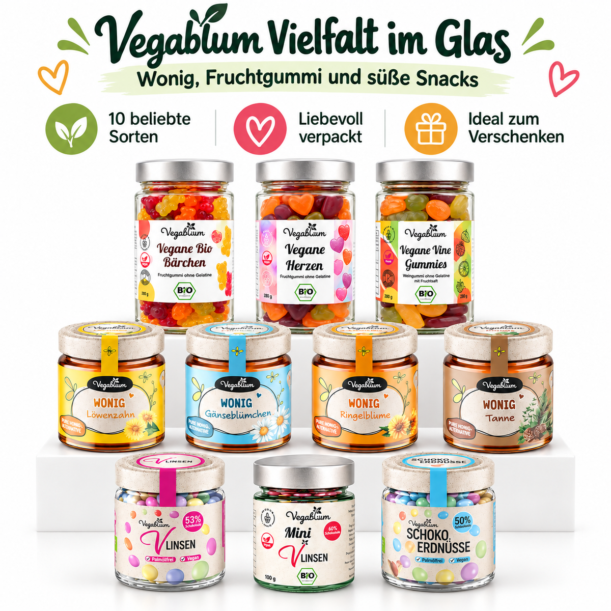 Vegablum bio Premium Genuss Set mit Wonig und veganen Süßigkeiten, 10 Gläser, 2.040 g