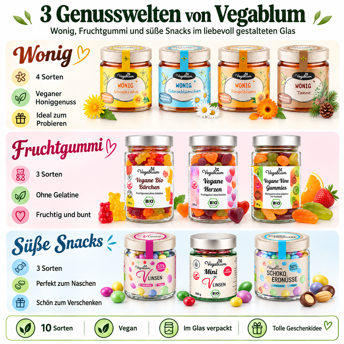 Vegablum bio Premium Genuss Set mit Wonig und veganen Süßigkeiten, 10 Gläser, 2.040 g
