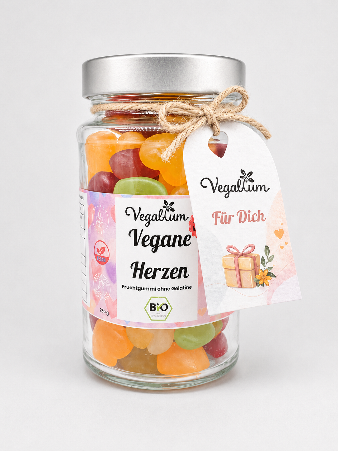 Vegane Fruchtgummi Herzen im XL Glas bio, mit „Für Dich“ Anhänger, 280g Fruchtgummi ohne Gelatine