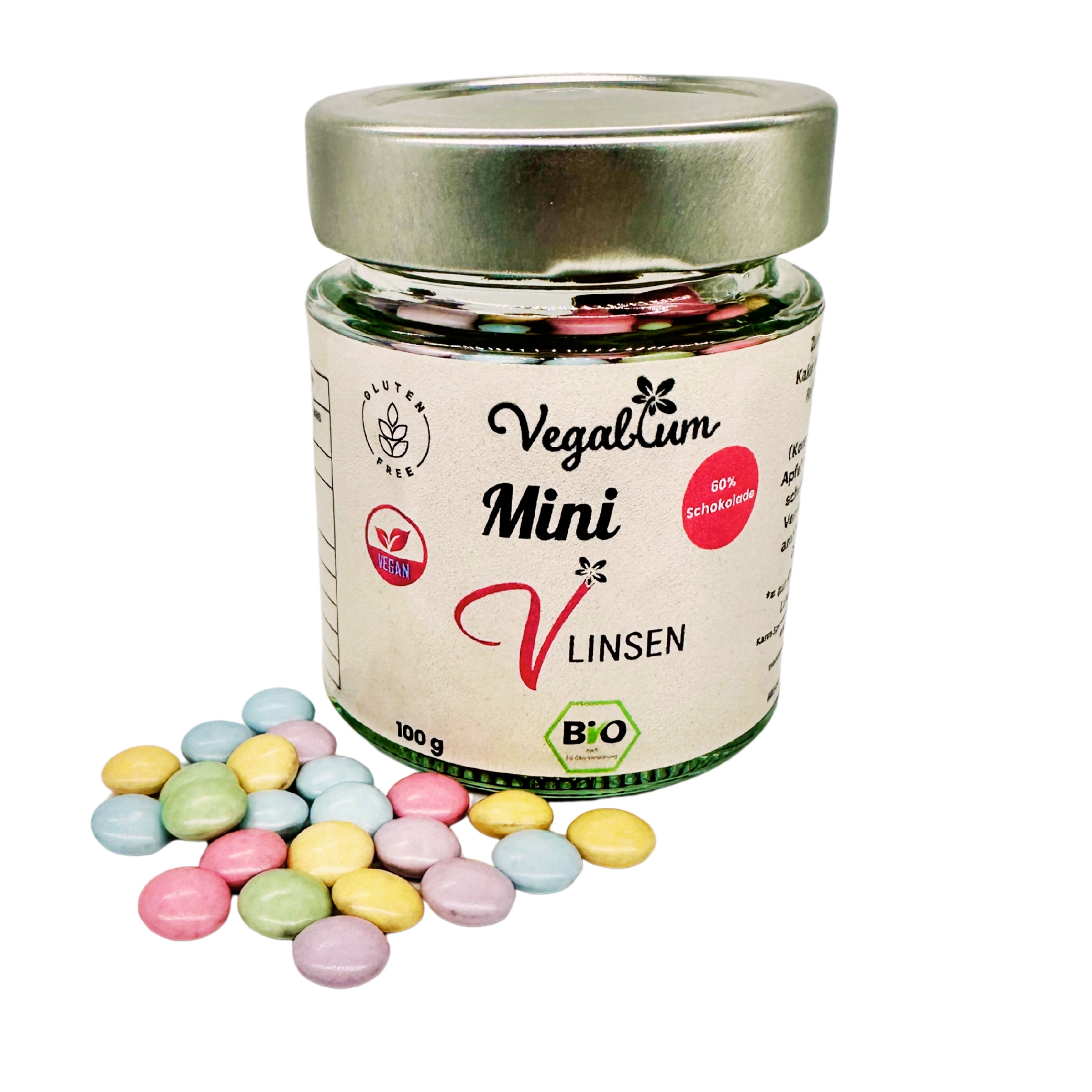 3er Set MINI Vlinsen - Schoko im Glas bio,vegan 3 x 100g MINI Schokolinsen 300g
