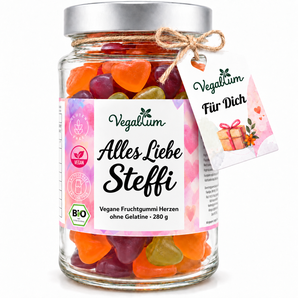 Personalisierte Bio Fruchtgummi Herzen, 280 g. Beispiel: Alles Liebe / Steffi. Dein Wunschtext wird individuell gedruckt.