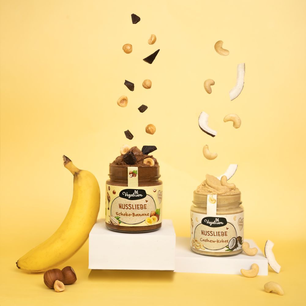 Nussliebe in 2 leckeren Sorten Schoko-Banane und Cashew-Kokos, Nusscreme vegan und bio