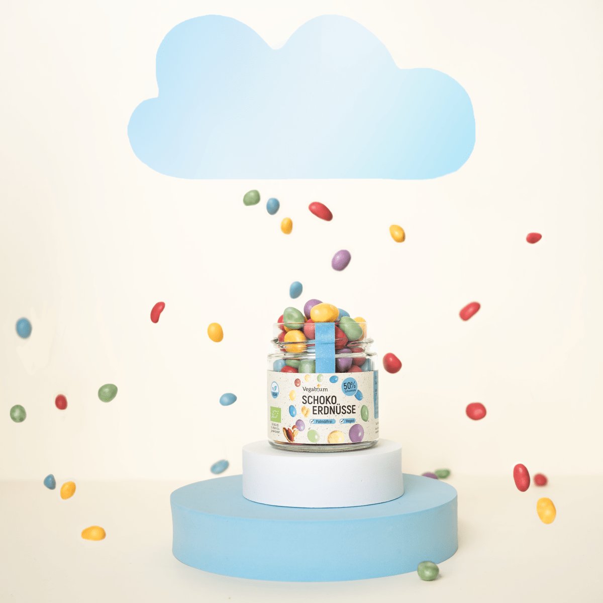 Vegane Süßigkeiten, Schoko-Erdnüsse im Glas, snacken, plastikfrei verpackt, bunte Kuchendeko