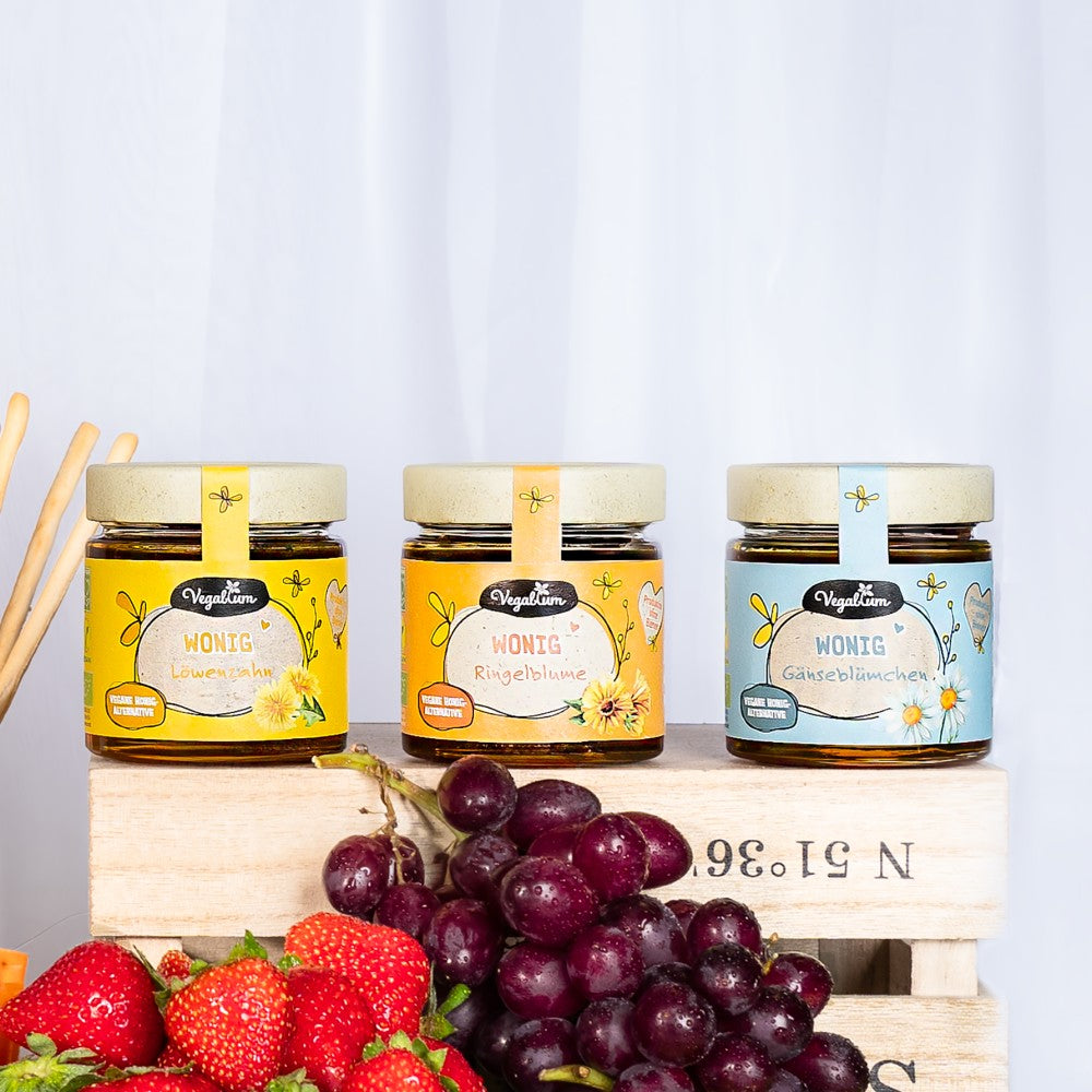 Unser Starterset Wonig, 3 sorten vegane Honig-Alternativen, Löwenzahn, Ringelblume, Gänseblümchen