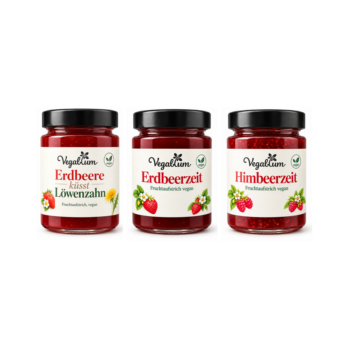 Die drei originalen Vegablum Fruchtaufstriche: Erdbeere küsst Löwenzahn, Erdbeerzeit und Himbeerzeit