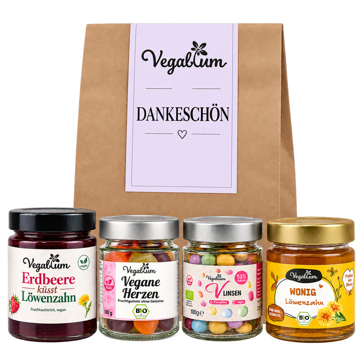 Vegane Geschenktüte mit Grußetikett Dankeschön und vier Vegablum Leckereien