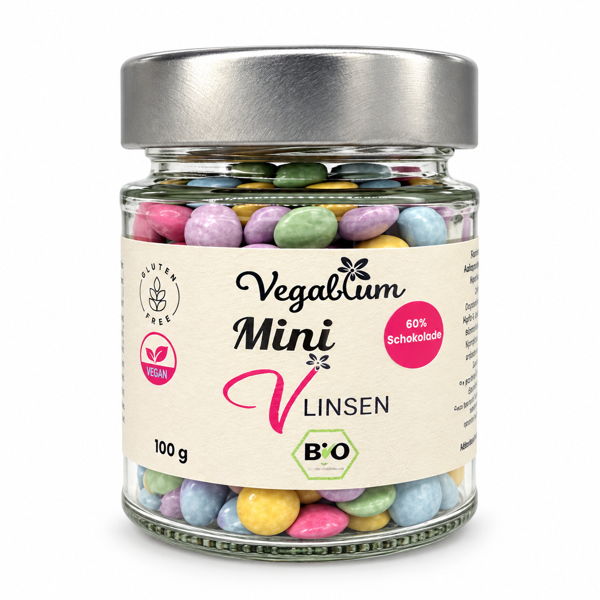 Mini Vlinsen 100 g mit schmalem Etikett, Vorderansicht vor weißem Hintergrund