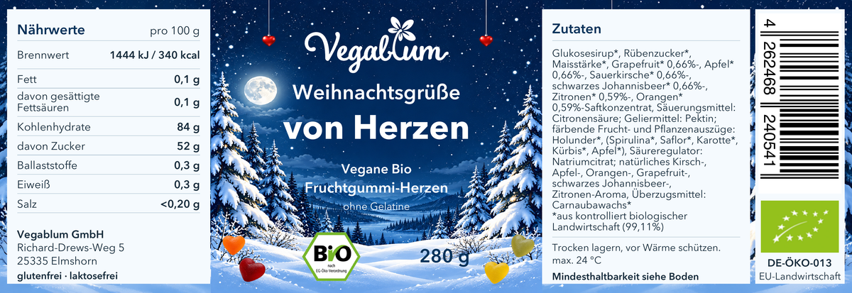 Vollständiges Weihnachtslabel mit aktuellen Zutaten, Nährwerten und Bio-Kontrollstellencode DE-ÖKO-013