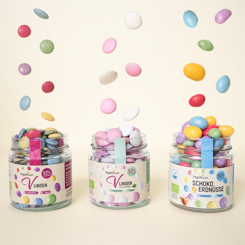 Vlinsen Schoko, Vlinsen Minze und Schoko-Erdnüsse, vegane Geschenkideen im Glas