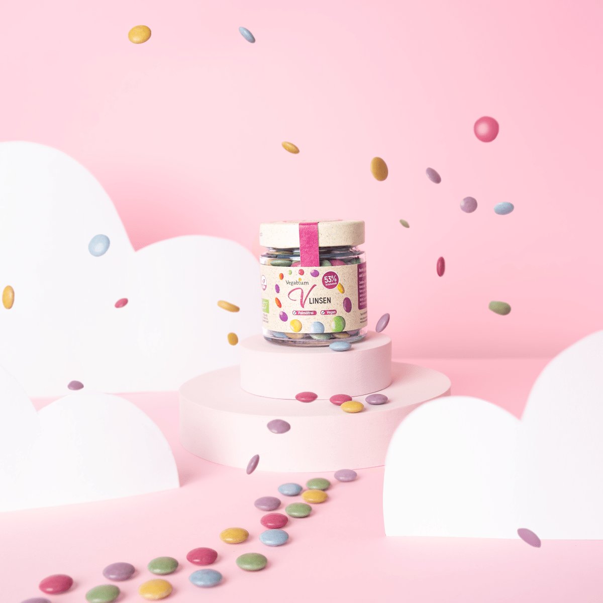 Vegane Süßigkeiten, Schokolinsen im Glas, snacken, plastikfrei verpackt, bunte Kuchendeko