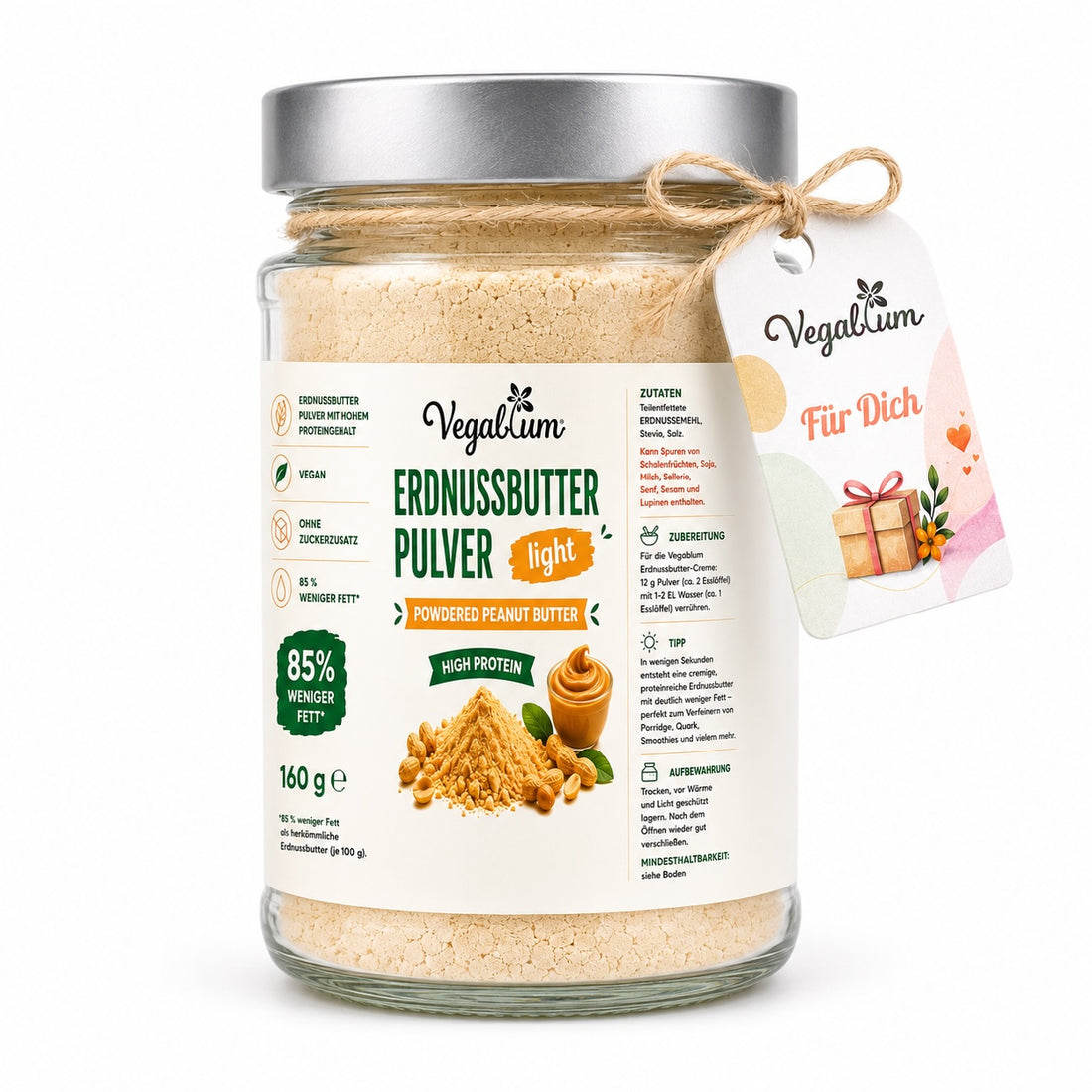 Erdnussbutter Light Pulver im Glas,High Protein 160 g, 85% weniger Fett, ohne Zucker mit „Für Dich“ Anhänger