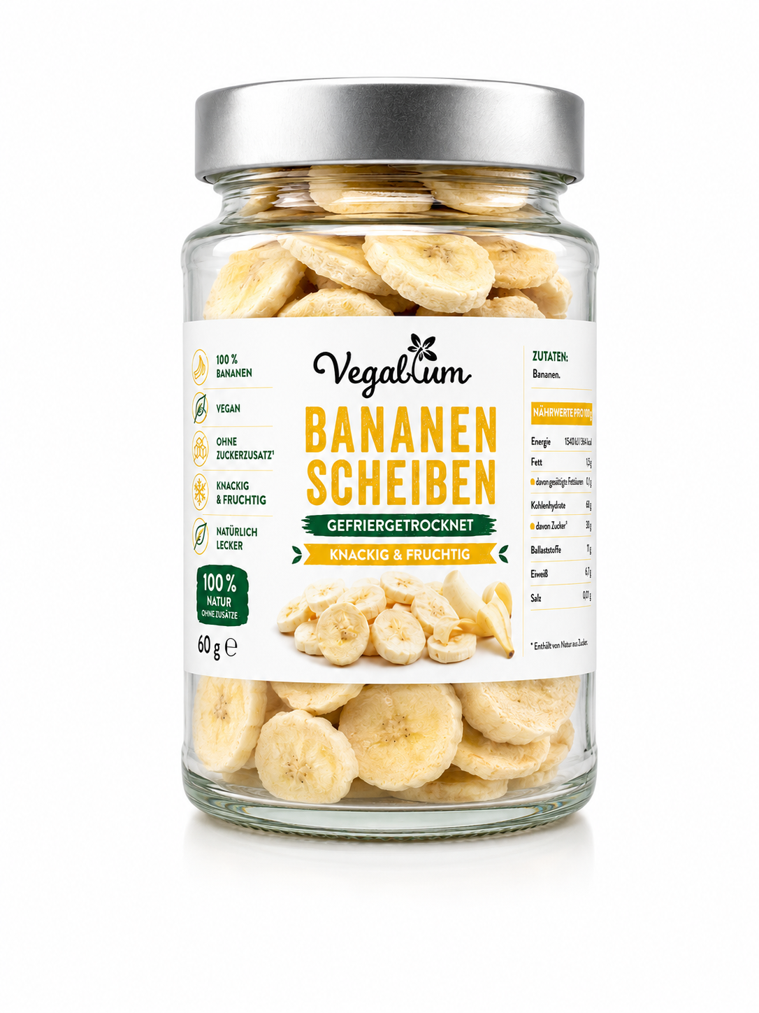 Bananen Scheiben gefriergetrocknet im Glas, 60 g ohne Zucker, Bananen Chips als Snack, vegan und natürlich lecker