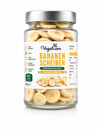 Bananen Scheiben gefriergetrocknet im Glas, 60 g ohne Zucker, Bananen Chips als Snack, vegan und natürlich lecker