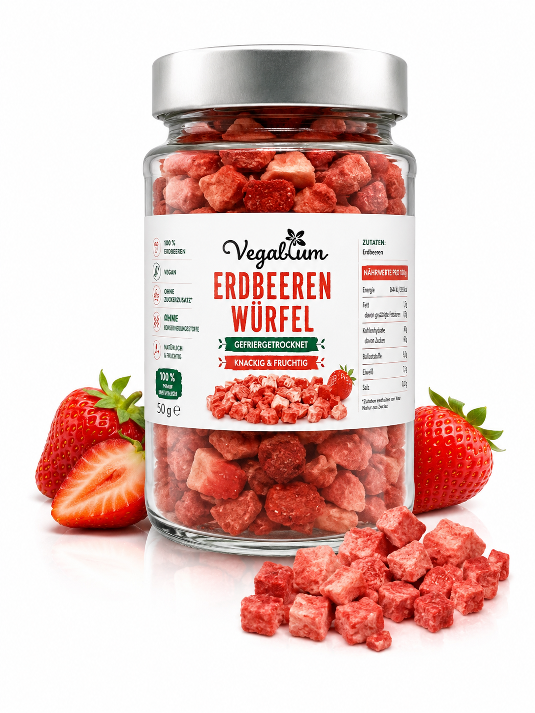 Erdbeer Würfel gefriergetrocknet im Glas, 50 g ohne Zucker, Erdbeer Würfel als Topping, vegan und natürlich lecker