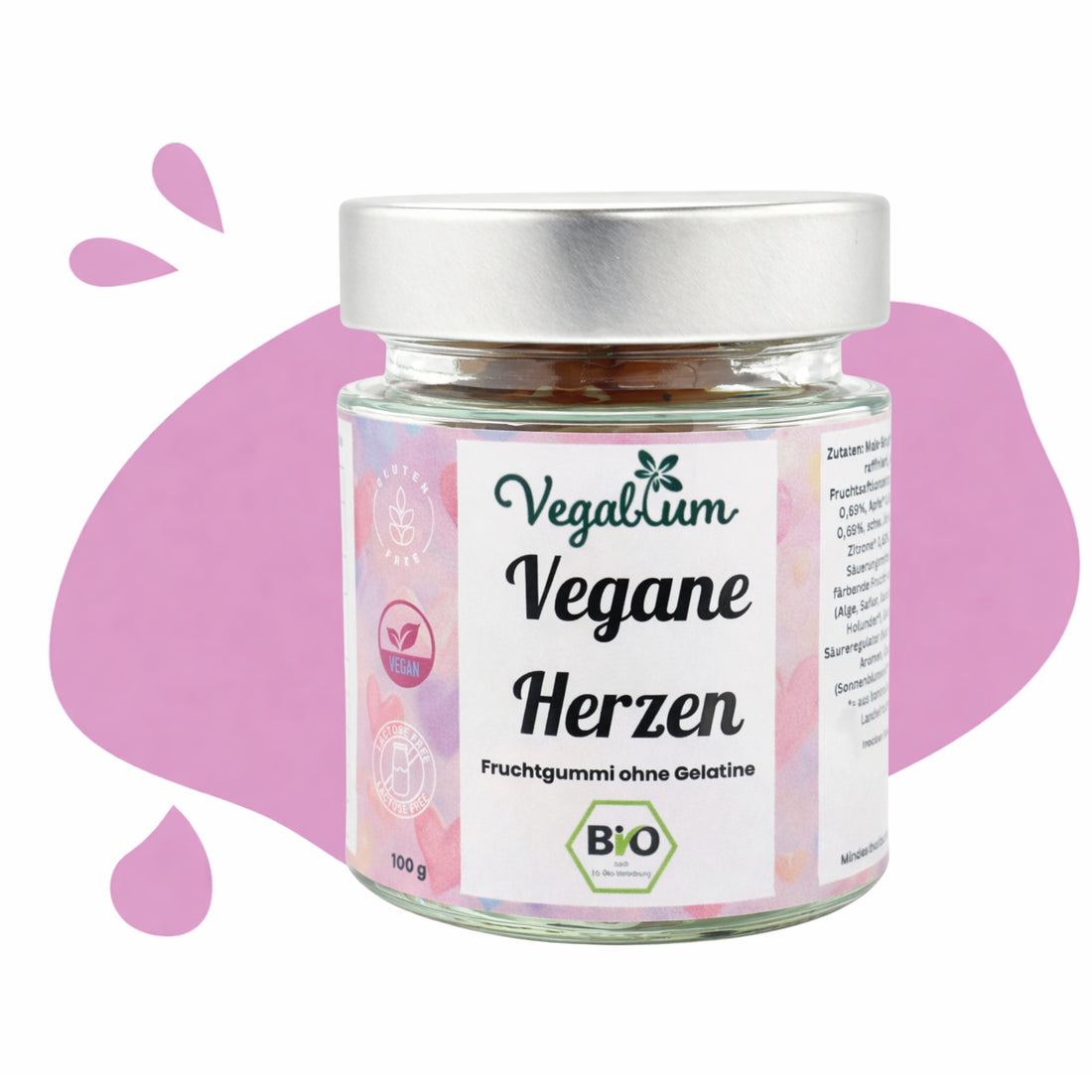 Vegane Fruchtgummi Herzen im Glas bio, vegan 100 g Fruchtgummi ohne Gelatine