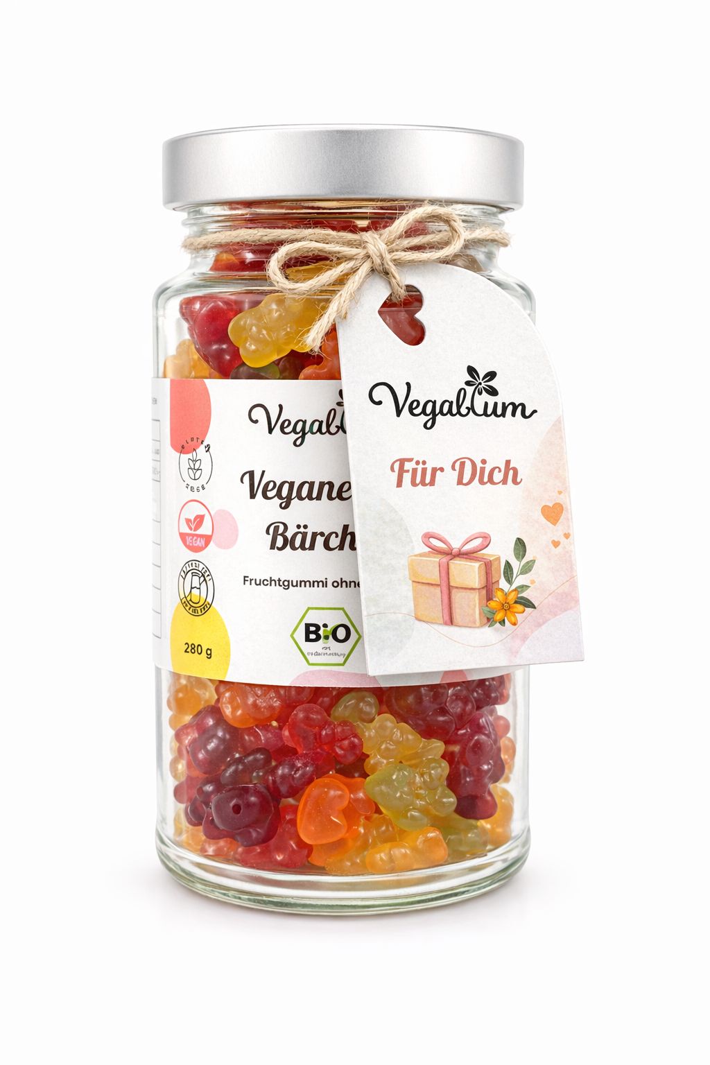 Vegane Bio Bärchen im XL Glas bio,mit "Für Dich" Anhänger, 280g Fruchtgummi ohne Gelatine