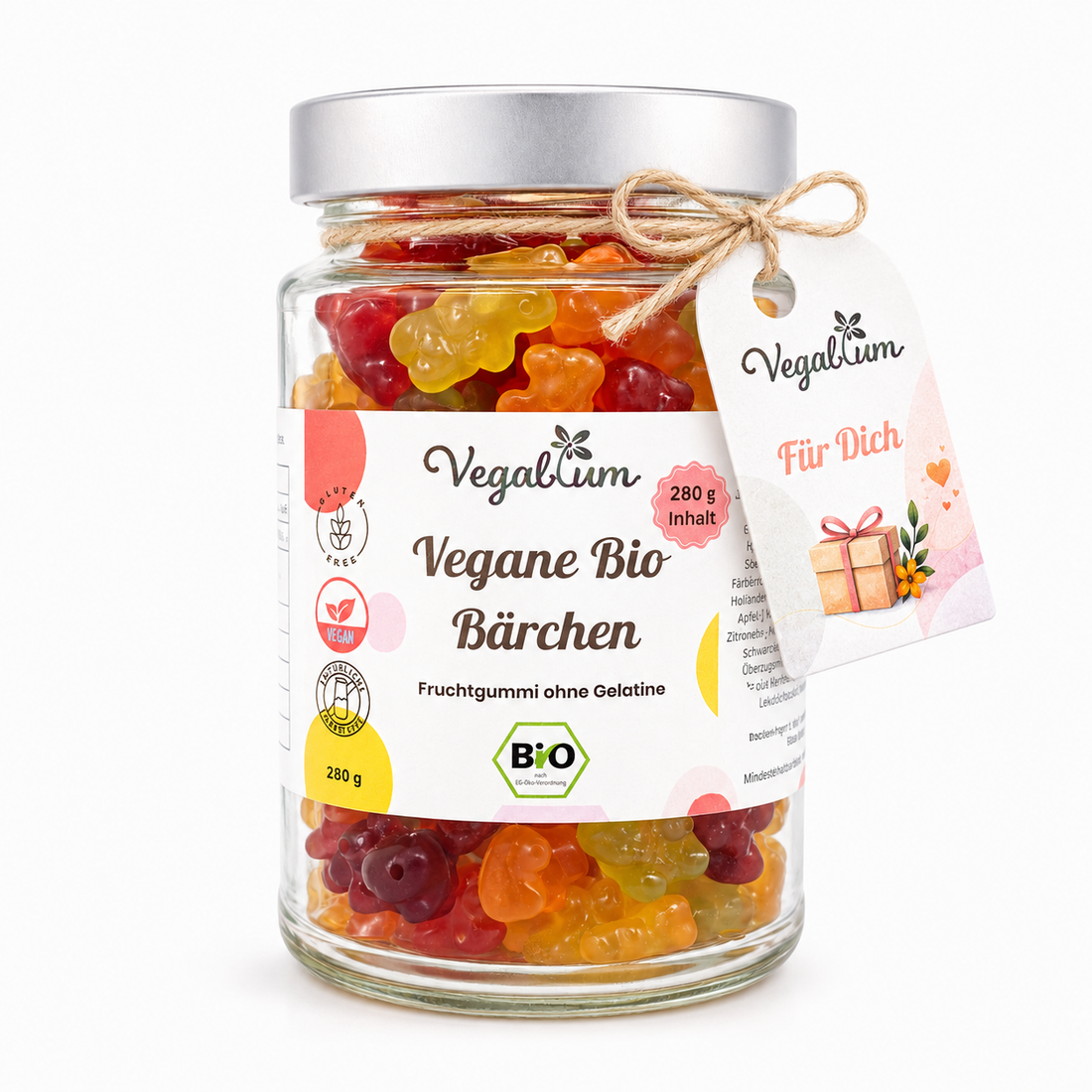 Vegane Bio Bärchen im XL Glas bio,mit "Für Dich" Anhänger, 280g Fruchtgummi ohne Gelatine