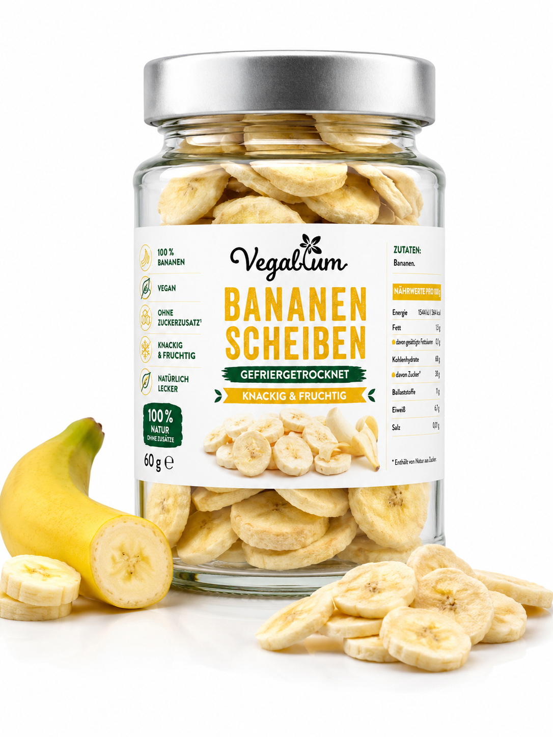 Bananen Scheiben gefriergetrocknet im Glas, 60 g ohne Zucker, Bananen Chips als Snack, vegan und natürlich lecker