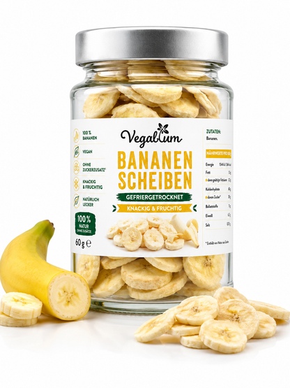 Bananen Scheiben gefriergetrocknet im Glas, 60 g ohne Zucker, Bananen Chips als Snack, vegan und natürlich lecker