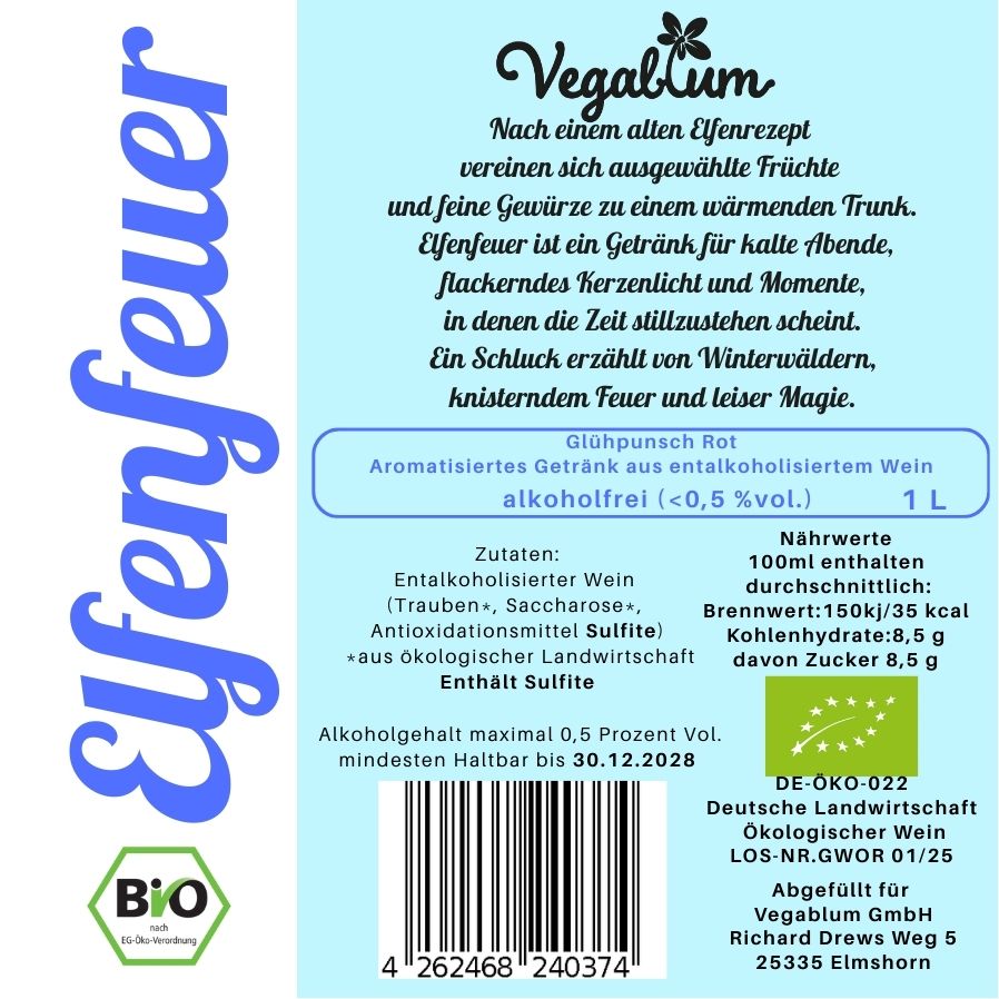 Elfenfeuer ROT bio, 1 l Alkoholfrei (<0,5 % vol.)  Glühpunsch