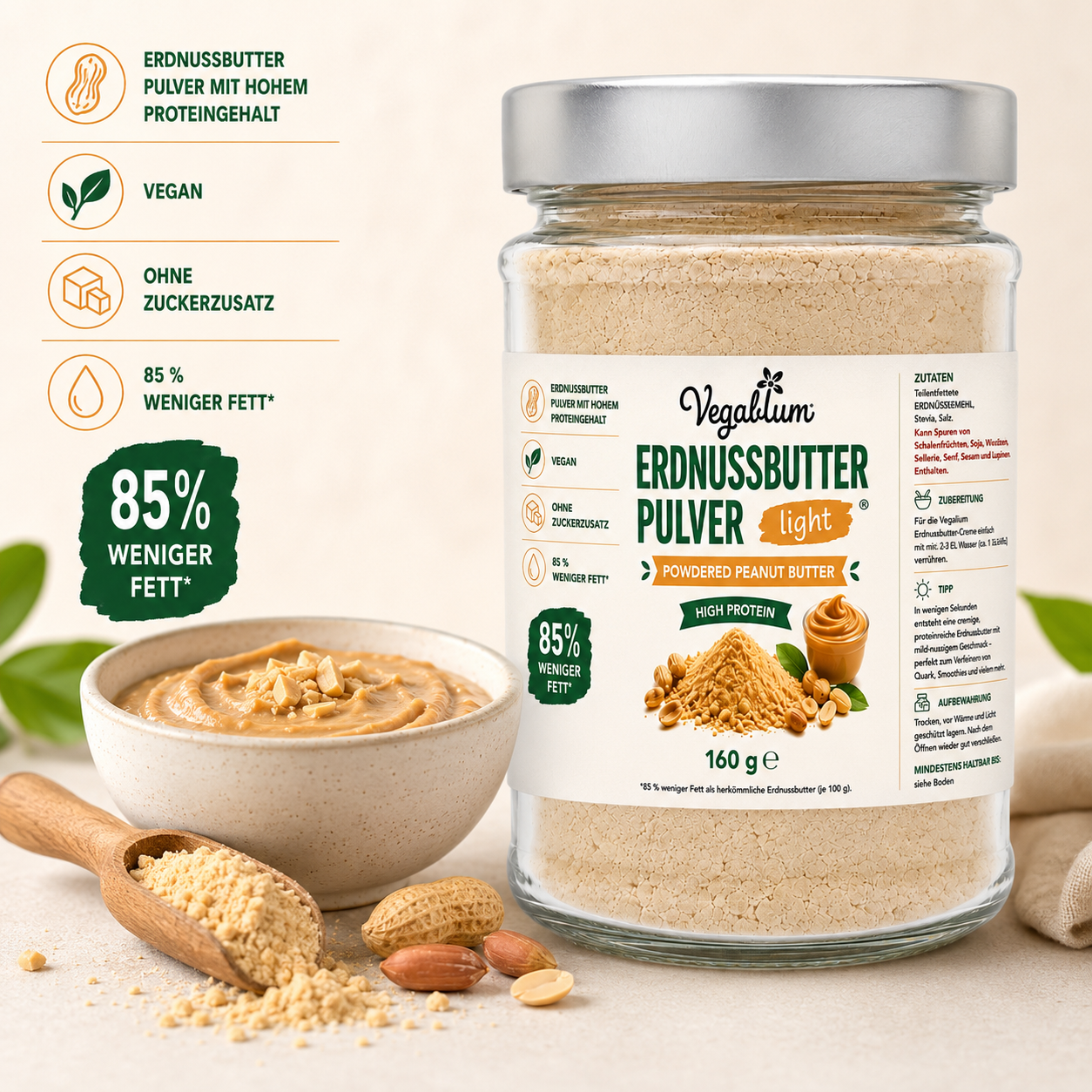 Erdnussbutter Light Pulver im Glas,High Protein 160 g, 85% weniger Fett, ohne Zucker mit „Für Dich“ Anhänger