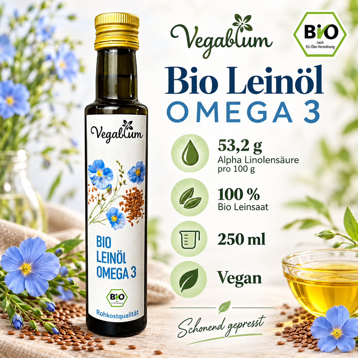 Bio Leinöl, 250 ml, mild nussig und reich an Omega 3