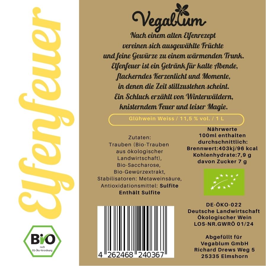 Elfenfeuer Weiss bio, 1 l 11 % vol. Glühwein weiss