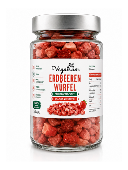 Erdbeer Würfel gefriergetrocknet im Glas, 50 g ohne Zucker, Erdbeer Würfel als Topping, vegan und natürlich lecker