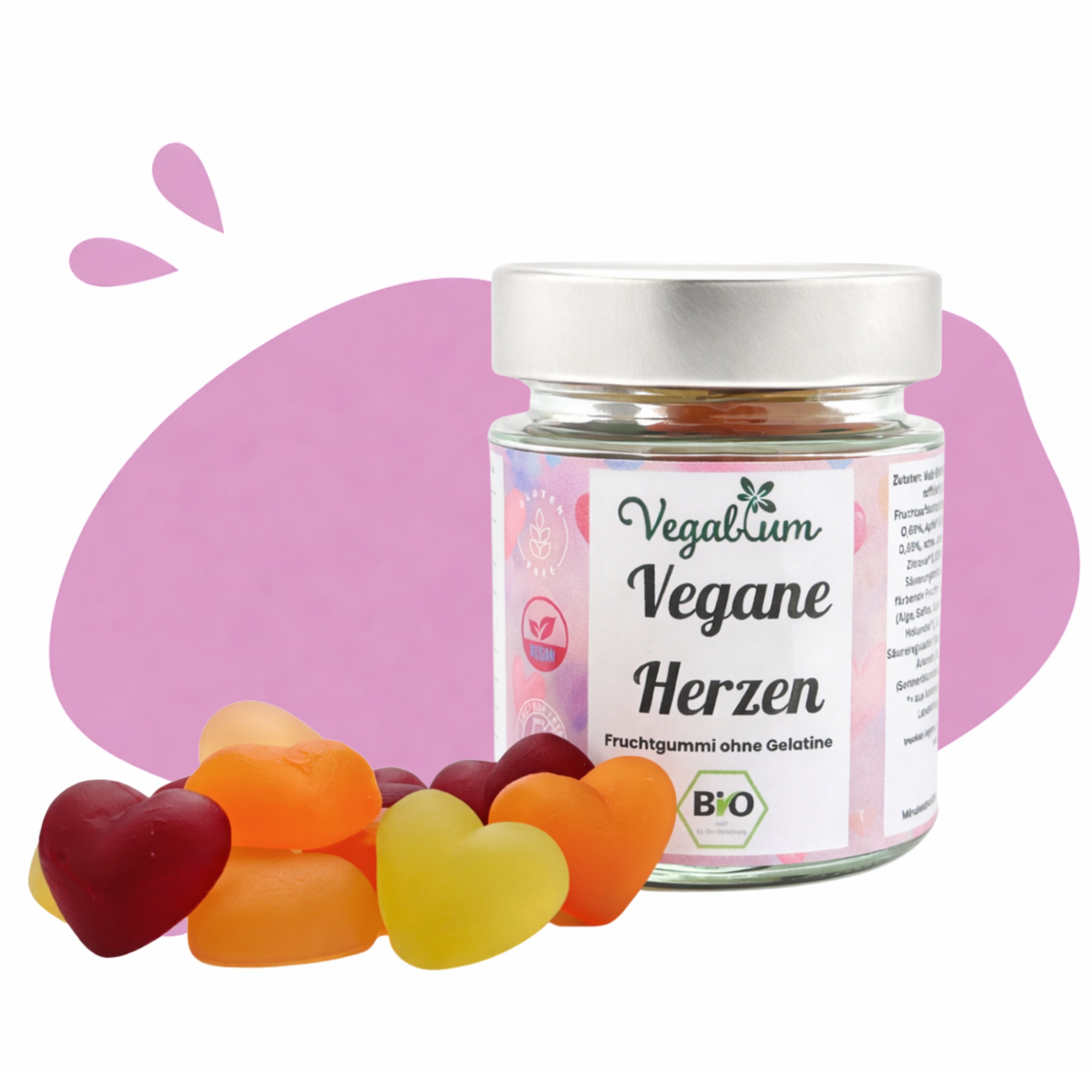 Vegane Fruchtgummi Herzen im Glas bio, vegan 100 g Fruchtgummi ohne Gelatine
