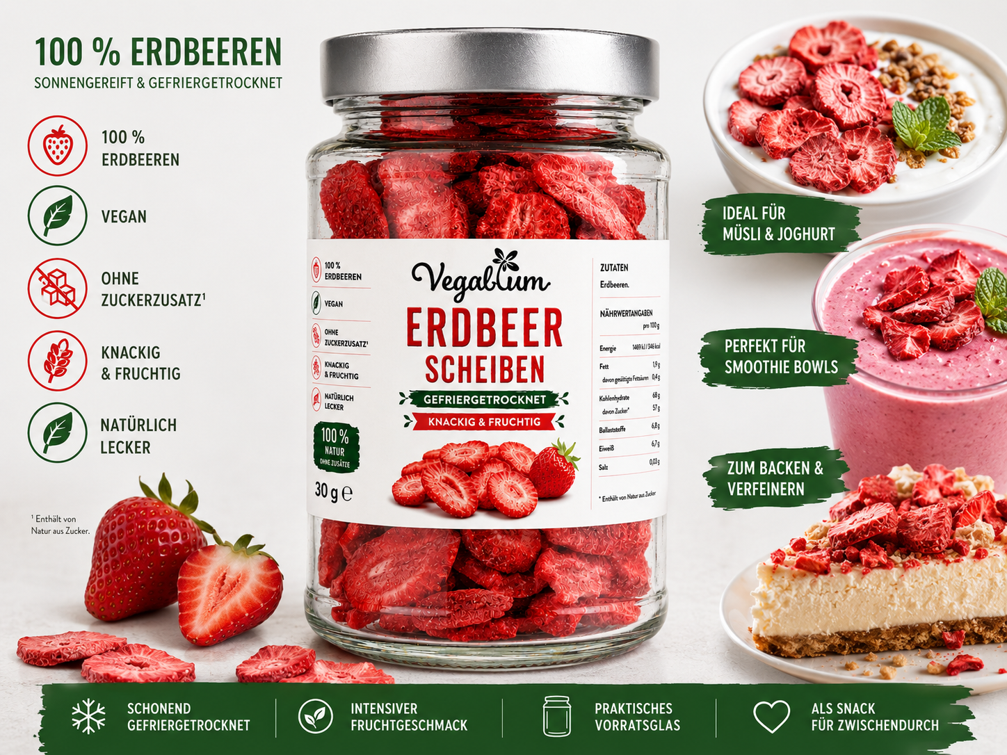 Erdbeerscheiben gefriergetrocknet im Glas, 30 g ohne Zucker, Erdbeer Chips als Snack, vegan und natürlich lecker