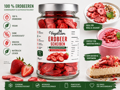 Erdbeerscheiben gefriergetrocknet im Glas, 30 g ohne Zucker, Erdbeer Chips als Snack, vegan und natürlich lecker