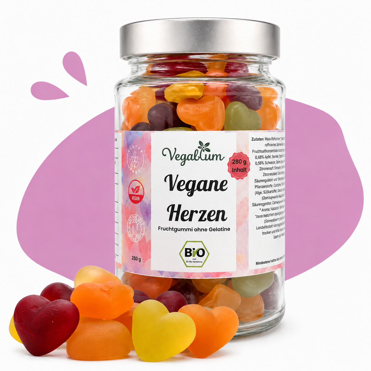 Vegane Fruchtgummi Herzen im XL Glas bio, mit „Für Dich“ Anhänger, 280g Fruchtgummi ohne Gelatine