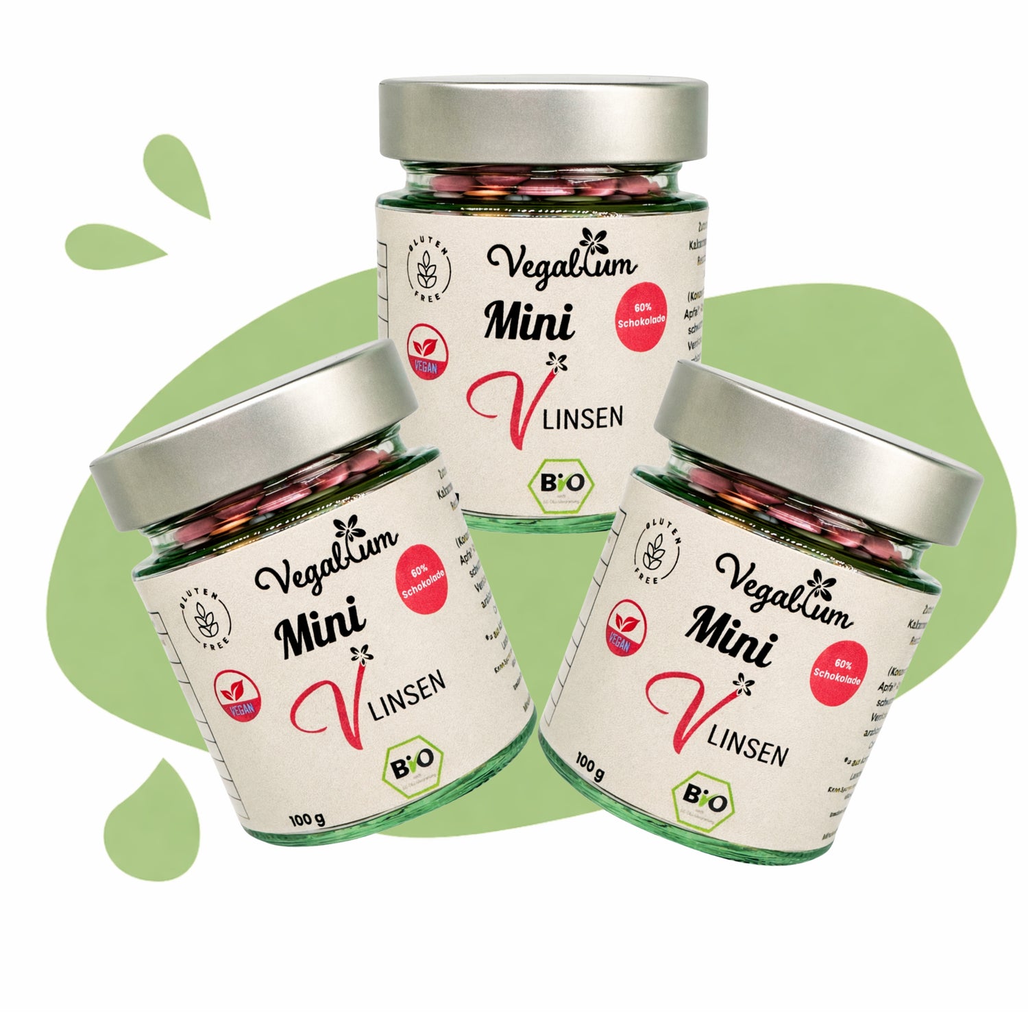 3er Set MINI Vlinsen - Schoko im Glas bio,vegan 3 x 100g MINI Schokolinsen 300g