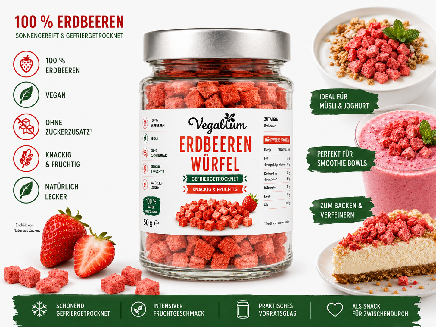 Erdbeer Würfel gefriergetrocknet im Glas, 50 g ohne Zucker, Erdbeer Würfel als Topping, vegan und natürlich lecker