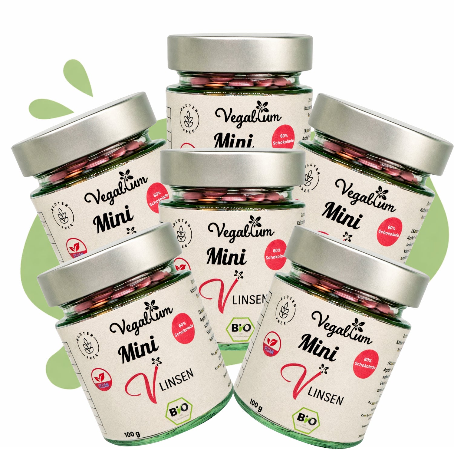 6er Set MINI Vlinsen - Schoko im Glas bio,vegan 6 x 100g MINI Schokolinsen 600g