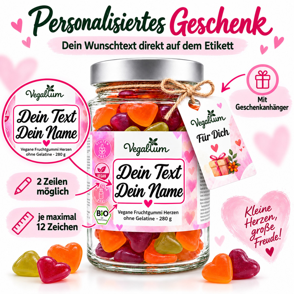 Vegane Bio Fruchtgummi Herzen 280 g mit deinem Wunschtext