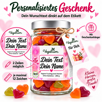 Vegane Bio Fruchtgummi Herzen 280 g mit deinem Wunschtext