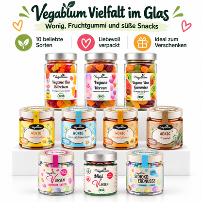 Vegablum bio Premium Genuss Set mit Wonig und veganen Süßigkeiten, 10 Gläser, 2.040 g