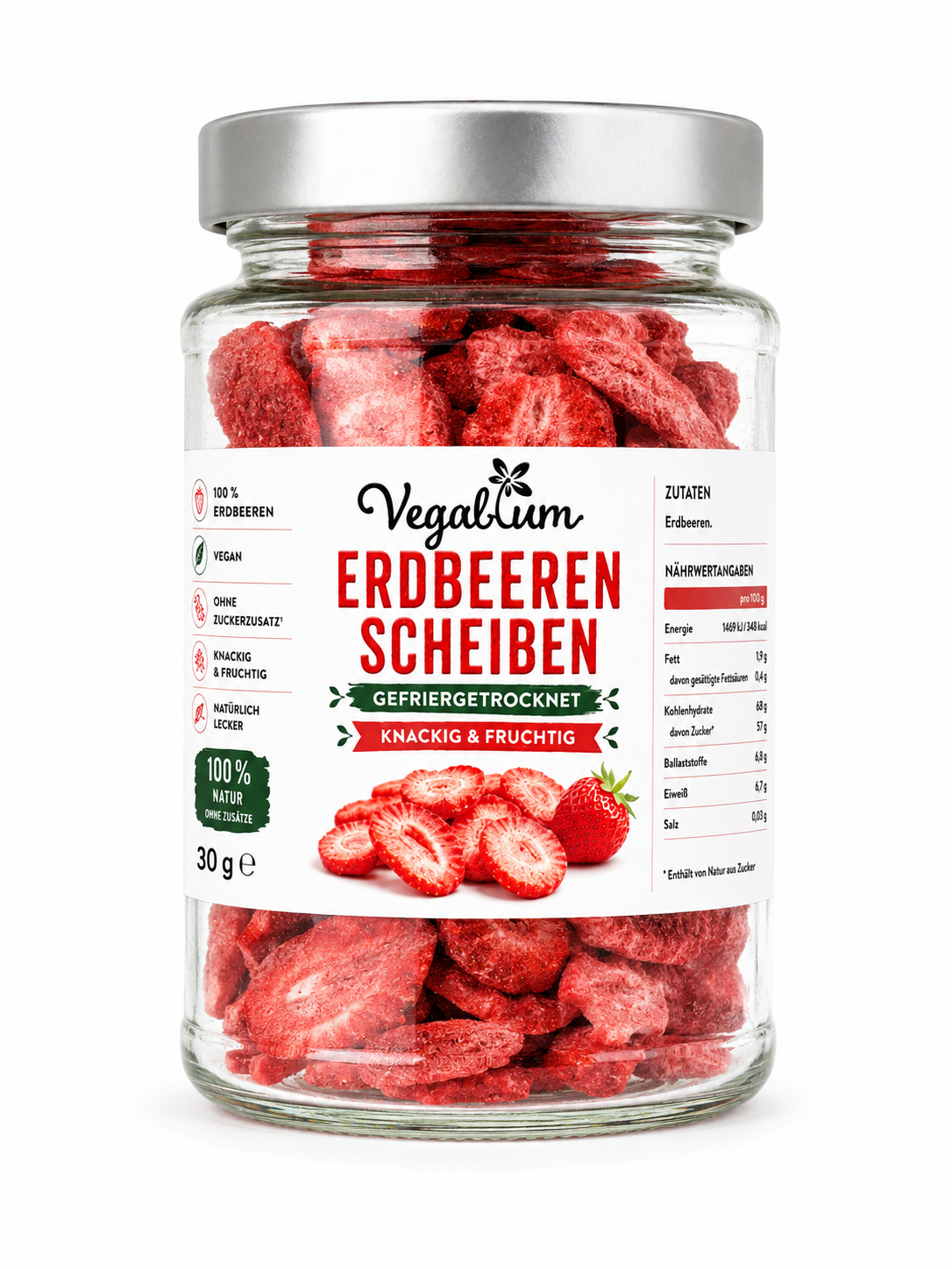 Erdbeerscheiben gefriergetrocknet im Glas, 30 g ohne Zucker, Erdbeer Chips als Snack, vegan und natürlich lecker
