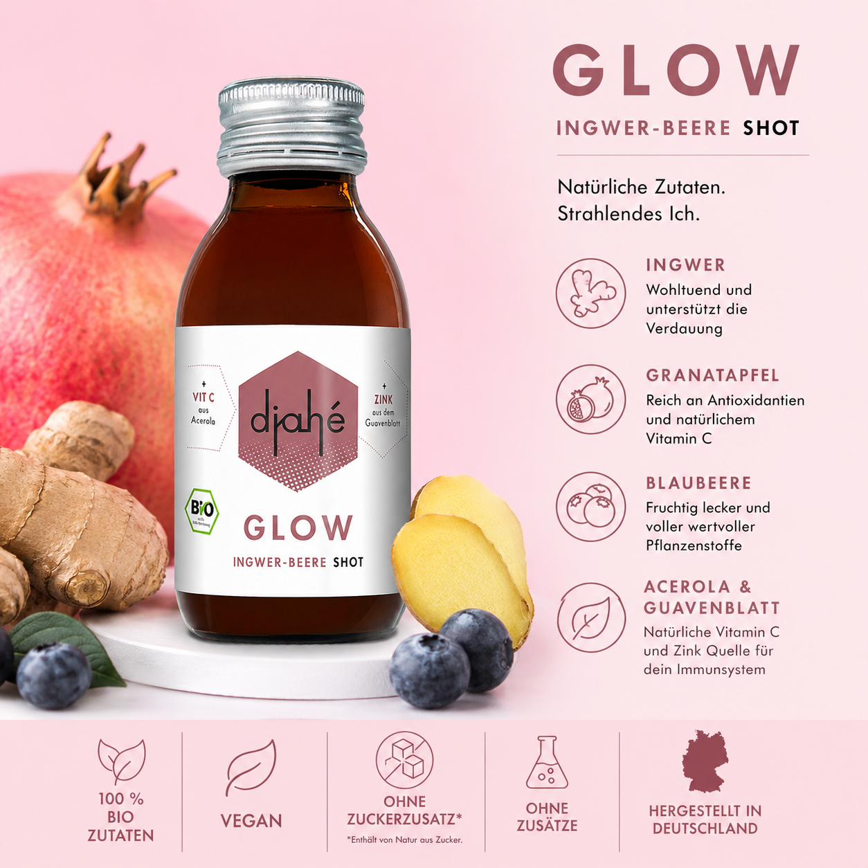 djahé GLOW Bio Ingwer-Beere Shot 100ml Glasflasche