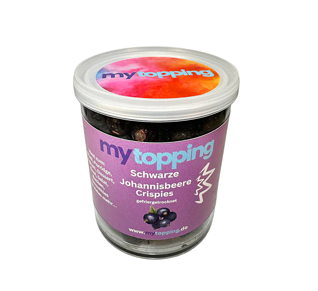 Schwarze Johannisbeere Crispies, gefriergetrocknete vitaminreiche Schwarze Johannisbeere 100% Natur für Müsli, Porridge, Joghurt, Dessert, Bowl, Backen, Smoothies, Topping