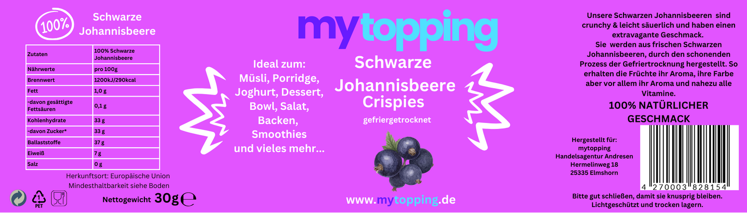 Schwarze Johannisbeere Crispies, gefriergetrocknete vitaminreiche Schwarze Johannisbeere 100% Natur für Müsli, Porridge, Joghurt, Dessert, Bowl, Backen, Smoothies, Topping
