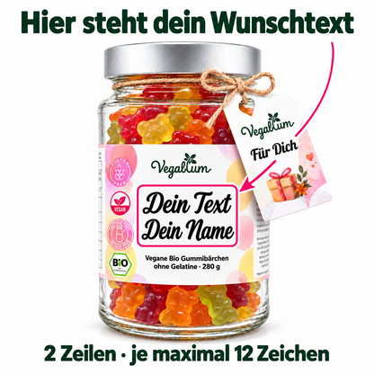 Hier steht dein Wunschtext – Bio Gummibärchen mit Für-Dich-Anhänger, zwei Zeilen mit je maximal 12 Zeichen