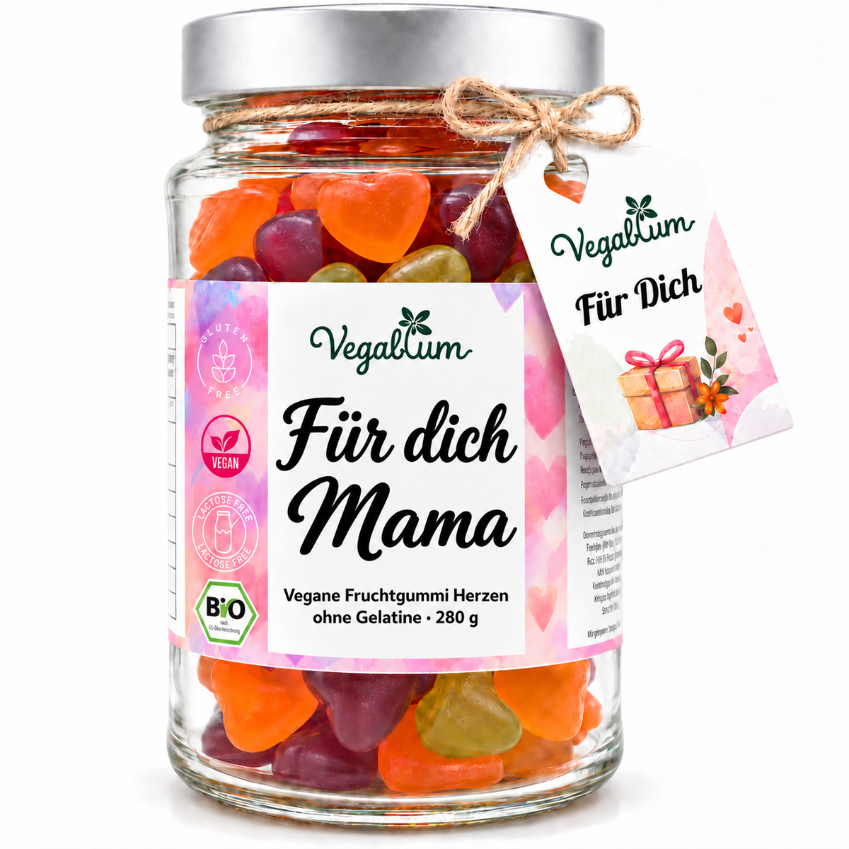 Personalisiertes Vegablum Glas mit 280 g Bio Fruchtgummi Herzen. Textbeispiel: Für dich / Mama