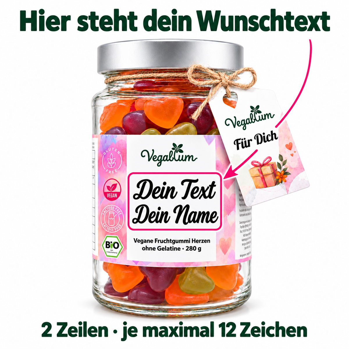 Hier steht dein Wunschtext: markierter Textbereich auf dem Etikett, zwei Zeilen mit je maximal 12 Zeichen