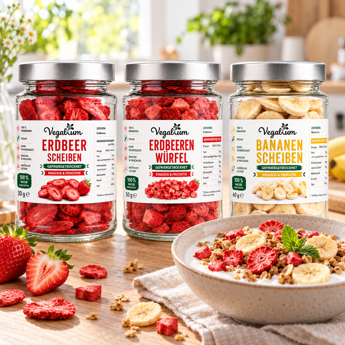 Gefriergetrocknete Früchte von Vegablum als Topping zum Frühstück