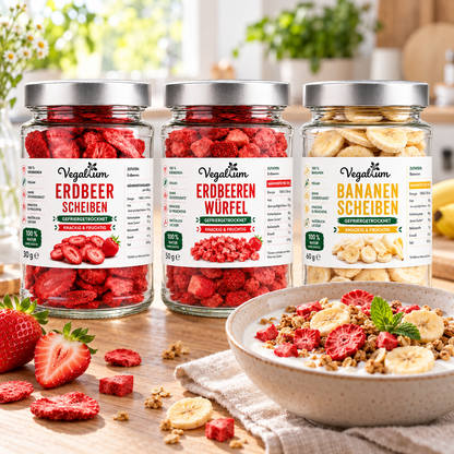 Gefriergetrocknete Früchte von Vegablum als Topping zum Frühstück