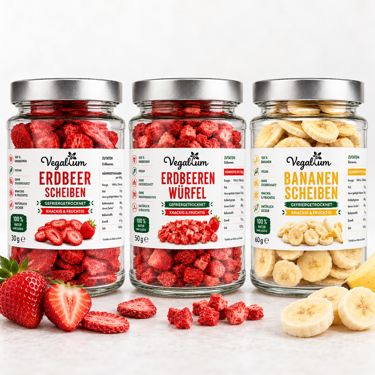 Vegablum Probier Set mit Erdbeerscheiben, Erdbeerwürfeln und Bananenscheiben